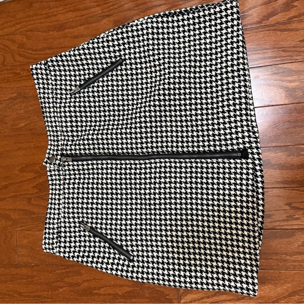 Hollister Mini Skirt Women Size L Black White Houndstooth Zip Pockets Wool Blend